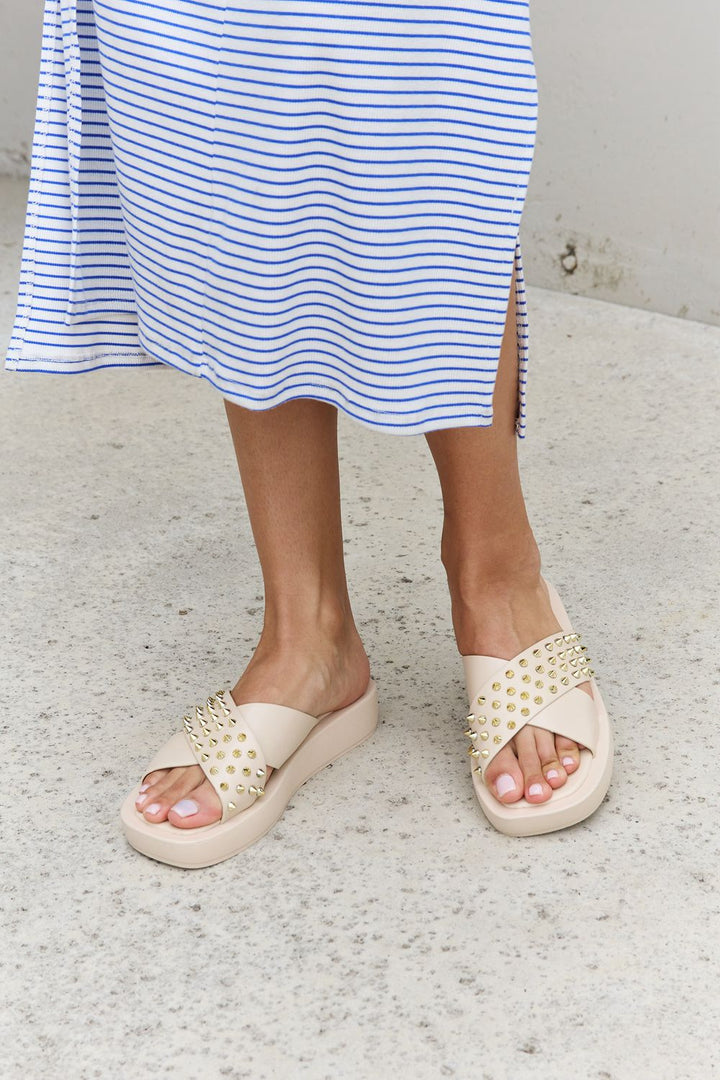 Forever Link Studded Cross Strap Sandals in Cream - Cheeky Chic Boutique