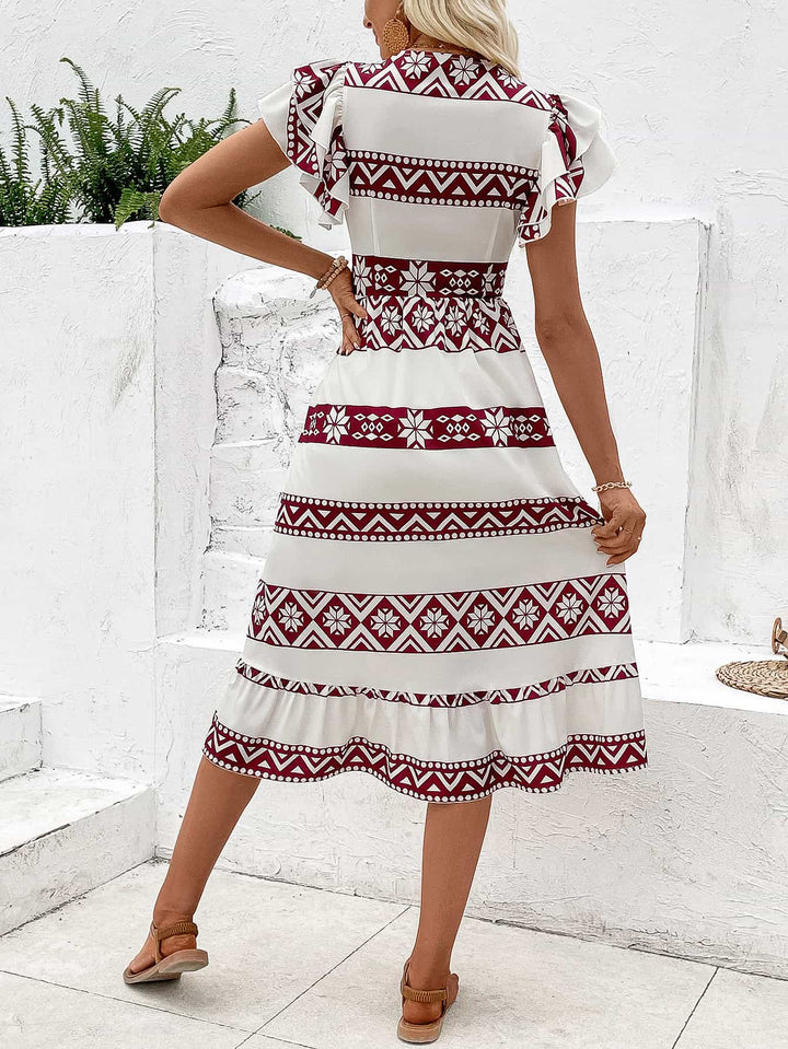 Printed V-Neck Smocked Flutter Sleeve Dress - Cheeky Chic Boutique