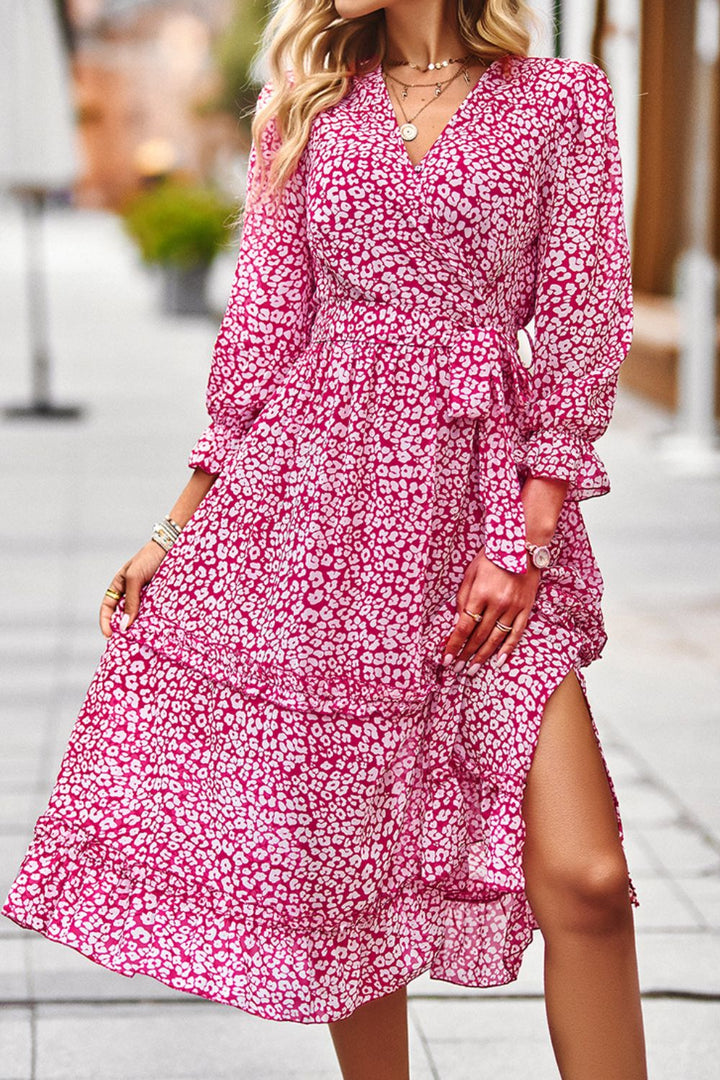PRE-ORDER Leopard Surplice Tie Belt Slit Dress - Cheeky Chic Boutique