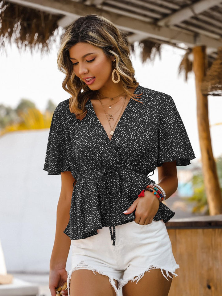 Printed Tied Flutter Sleeve Babydoll Blouse - Cheeky Chic Boutique