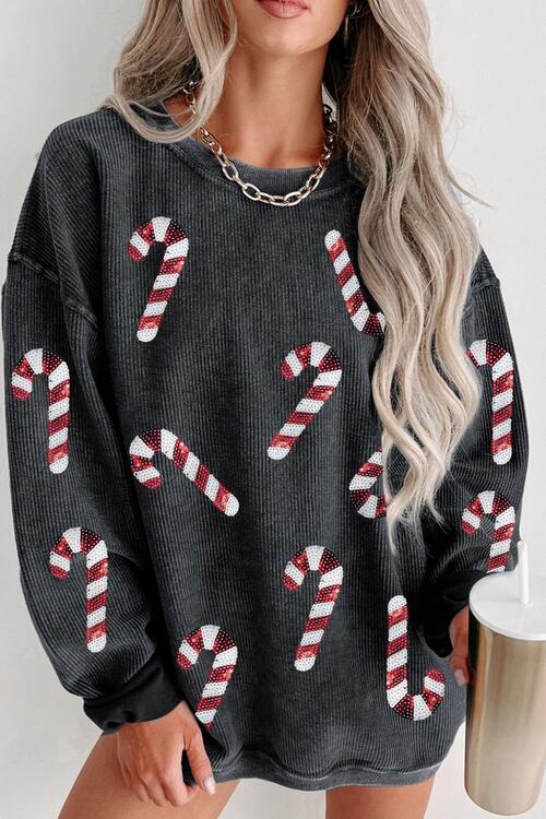 Sequin Candy Cane Wishes Sweatshirt - Cheeky Chic Boutique