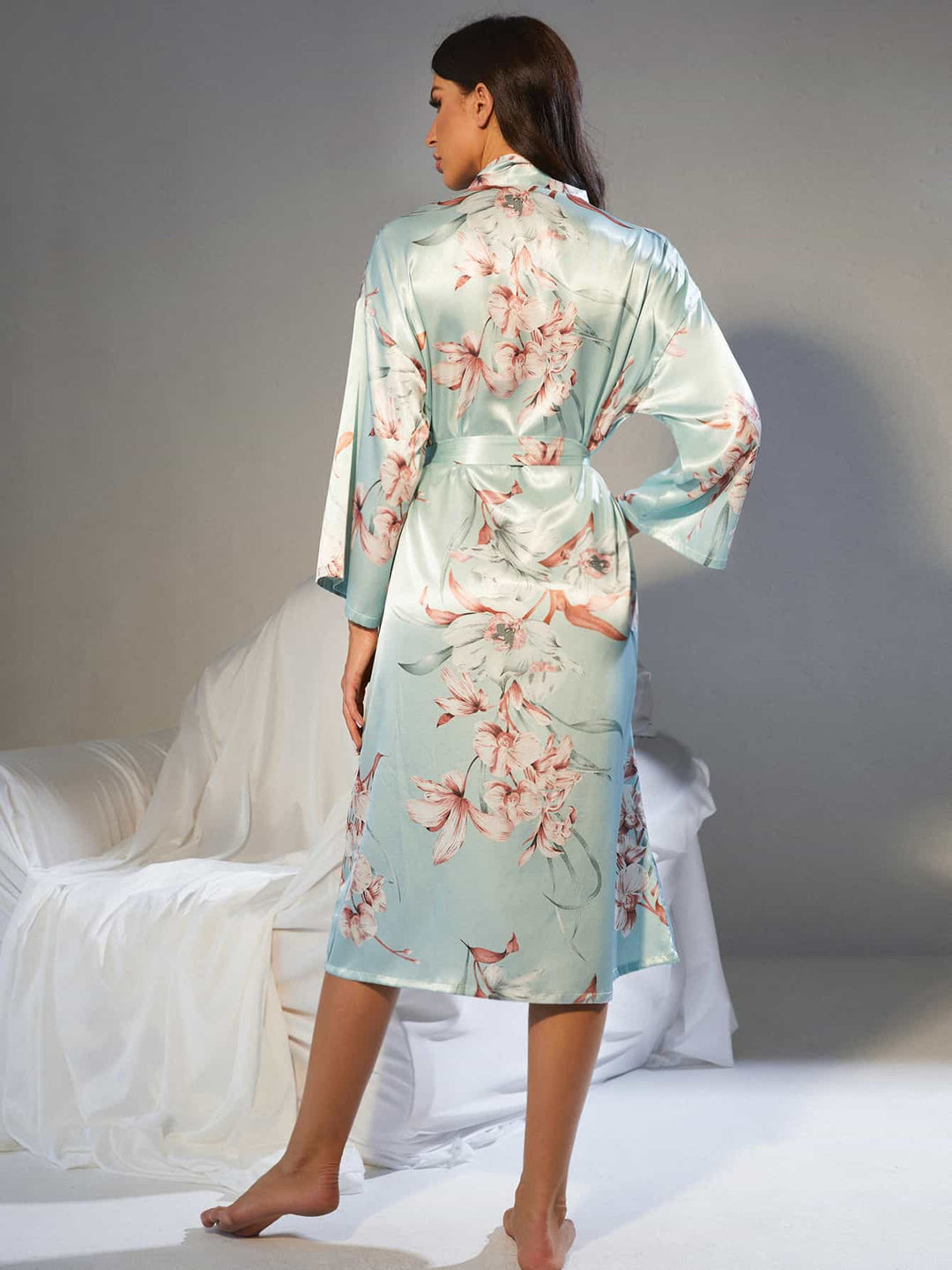 Floral Tie Waist Long Sleeve Robe - Cheeky Chic Boutique