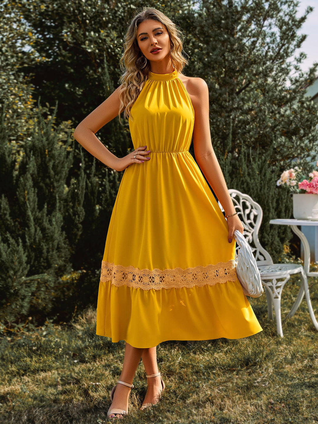 Grecian Neck Spliced Lace Midi Dress - Cheeky Chic Boutique