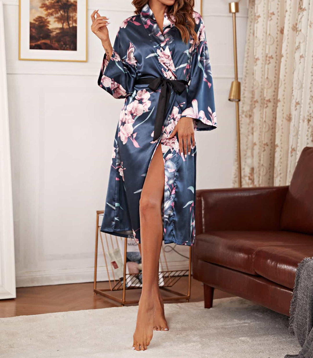 Floral Tie Waist Long Sleeve Robe - Cheeky Chic Boutique