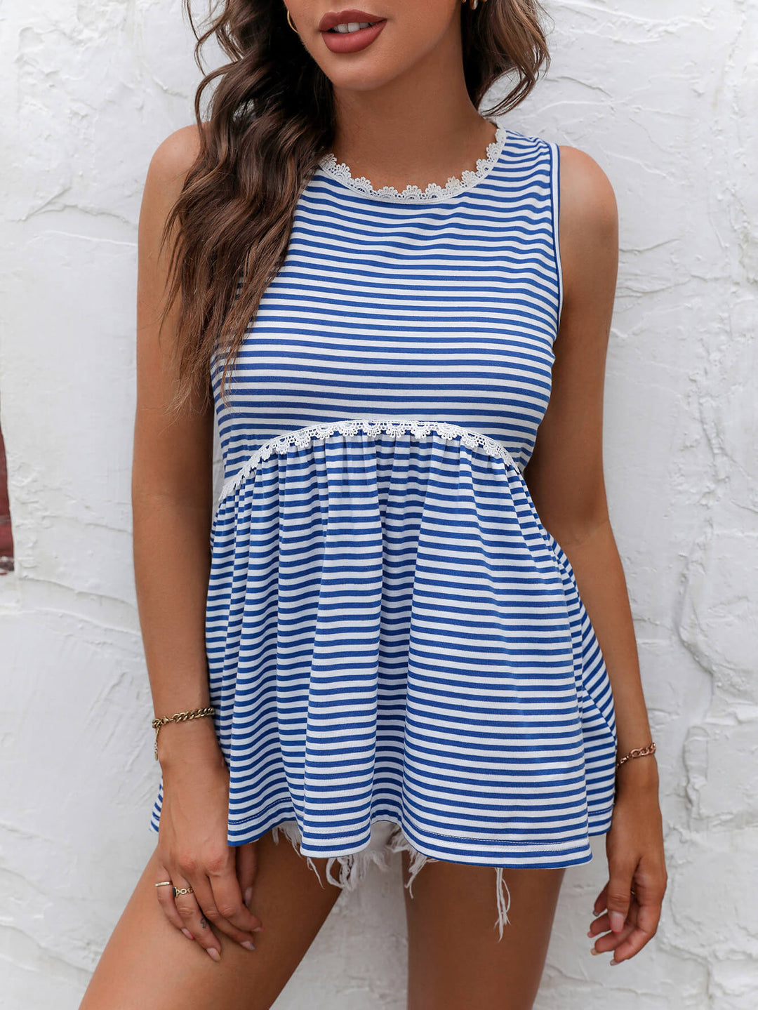 Striped Lace Trim Round Neck Tank - Cheeky Chic Boutique