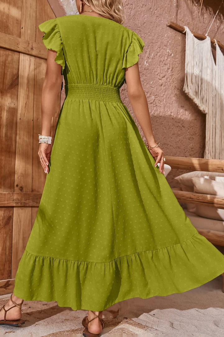 Swiss Dot V-Neck Flutter Sleeve Dress - Cheeky Chic Boutique