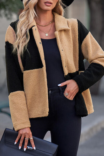 Caramel Cookie Color Block Sherpa Jacket - Cheeky Chic Boutique
