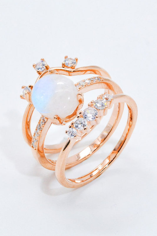 Natural Moonstone and Zircon Three-Piece Ring Set - Cheeky Chic Boutique