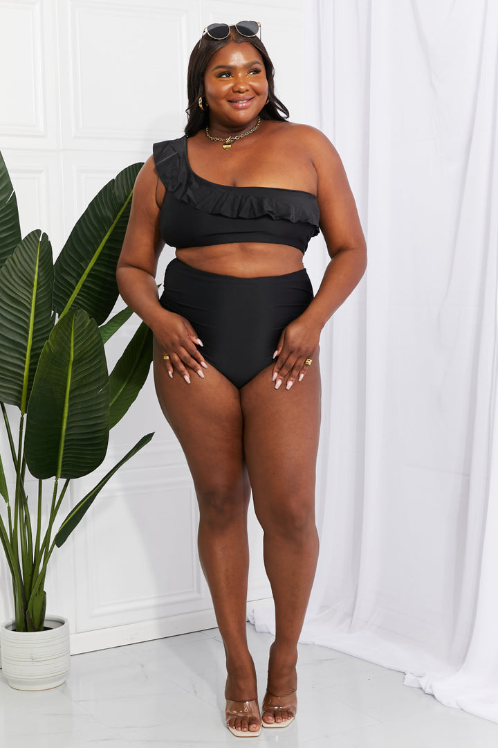Marina West Swim Seaside Romance Ruffle One-Shoulder Bikini in Black - Cheeky Chic Boutique