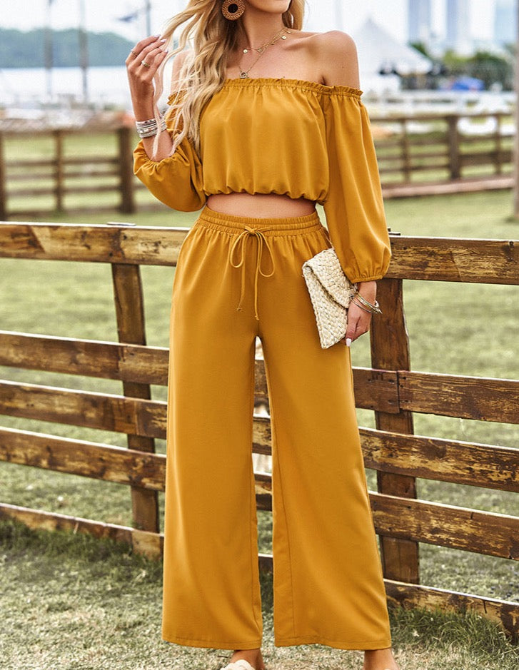 Off-Shoulder Blouse and Drawstring Waist Pants Set - Cheeky Chic Boutique