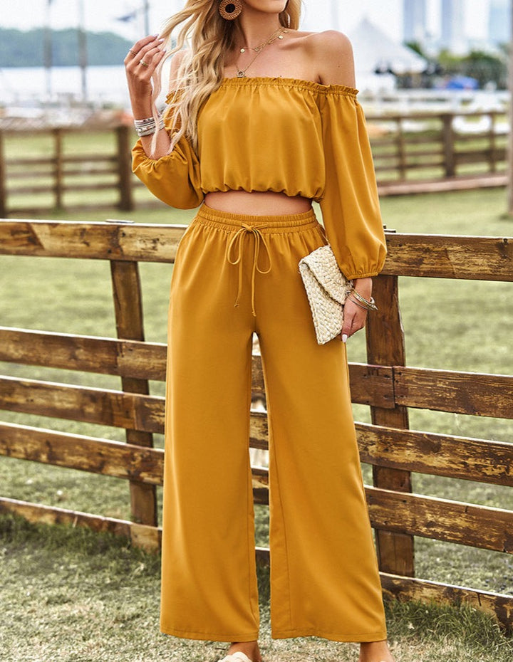 Off-Shoulder Blouse and Drawstring Waist Pants Set - Cheeky Chic Boutique