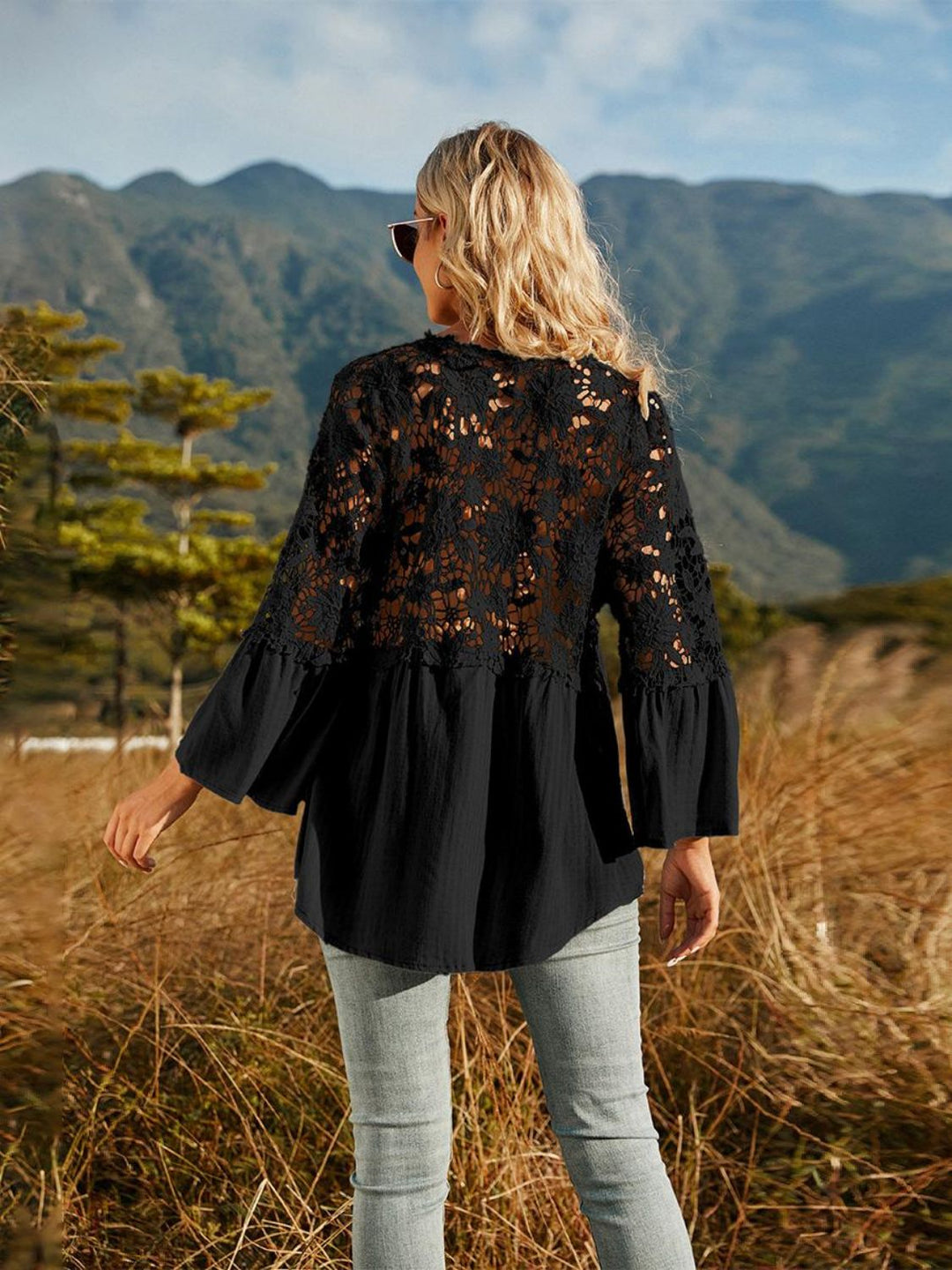 Spliced Lace Buttoned Blouse - Cheeky Chic Boutique