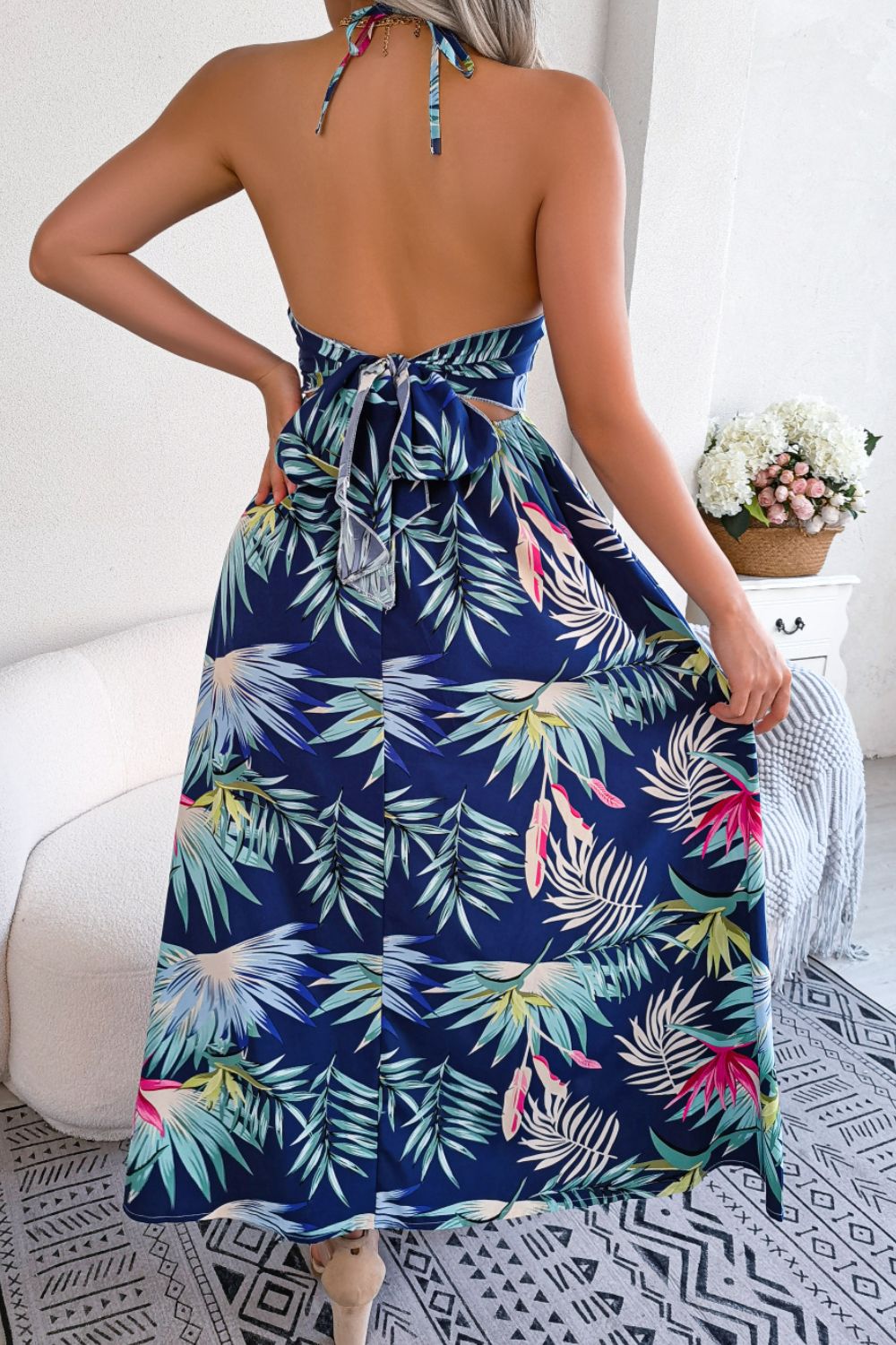 PRE-ORDER Botanical Print Tied Backless Cutout Slit Dress - Cheeky Chic Boutique