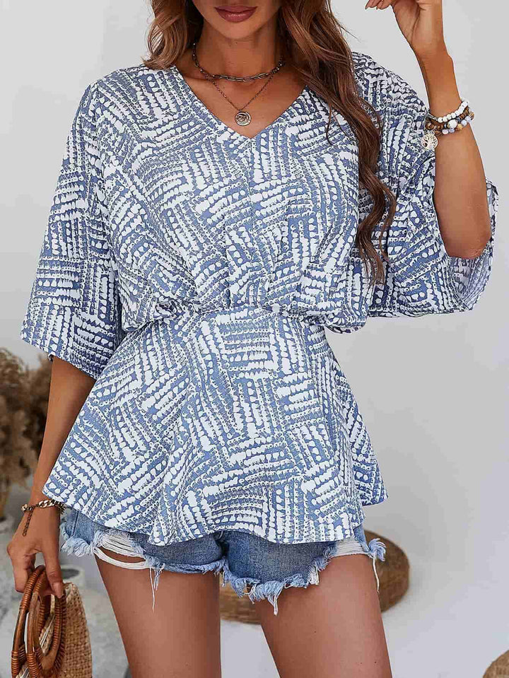 Printed V-Neck Dolman Sleeve Blouse - Cheeky Chic Boutique