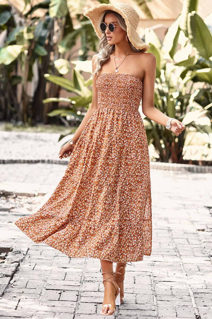 Floral Strapless Slit Midi Dress with Pockets - Cheeky Chic Boutique