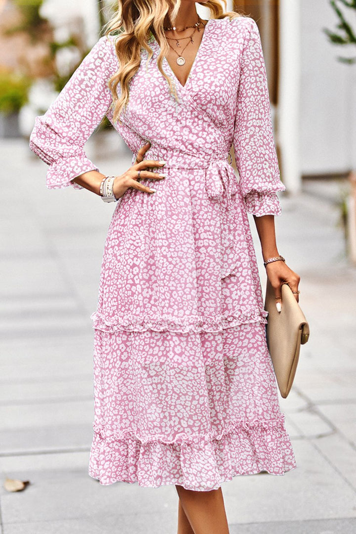 PRE-ORDER Leopard Surplice Tie Belt Slit Dress - Cheeky Chic Boutique