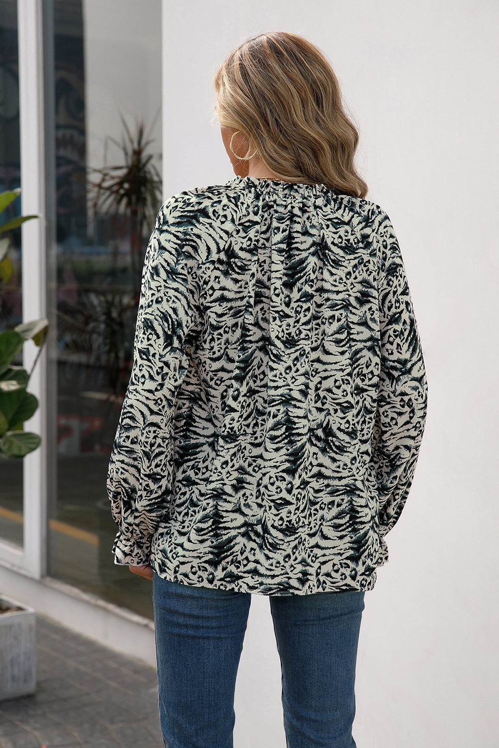 Printed Tie Neck Frill Trim Flounce Sleeve Blouse - Cheeky Chic Boutique