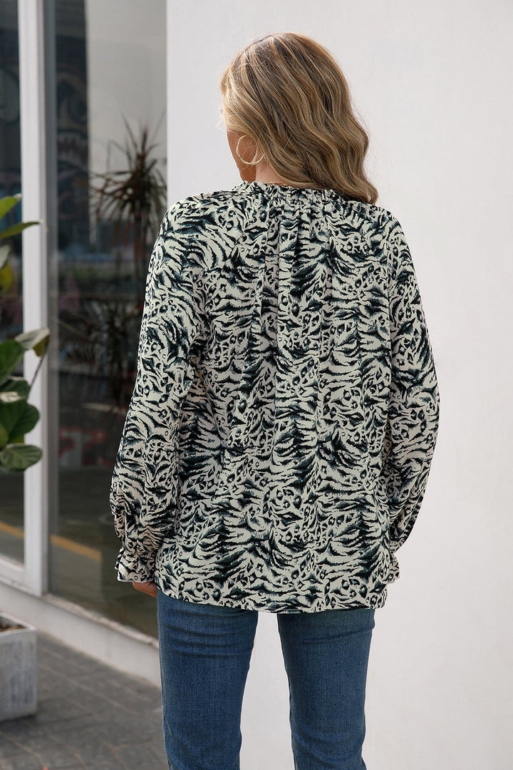 Printed Tie Neck Frill Trim Flounce Sleeve Blouse - Cheeky Chic Boutique