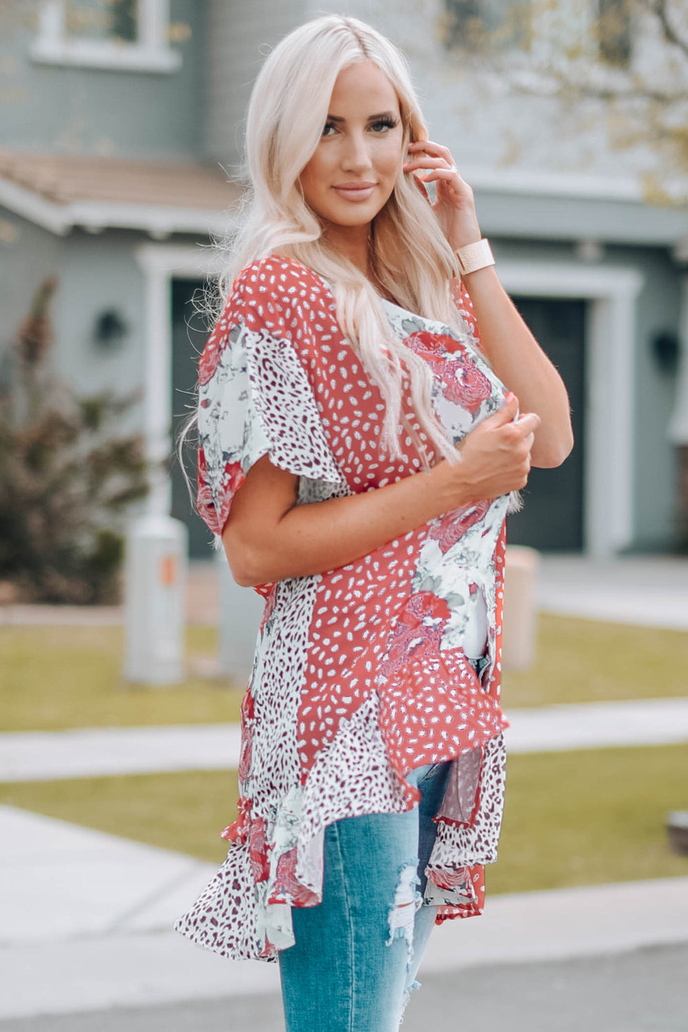 Mixed Print Ruffle Hem Kimono - Cheeky Chic Boutique
