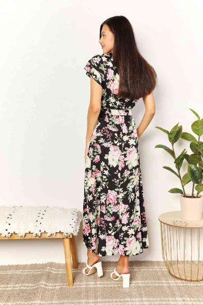 Double Take Floral Flutter Sleeve Tie-Waist Split Dress - Cheeky Chic Boutique