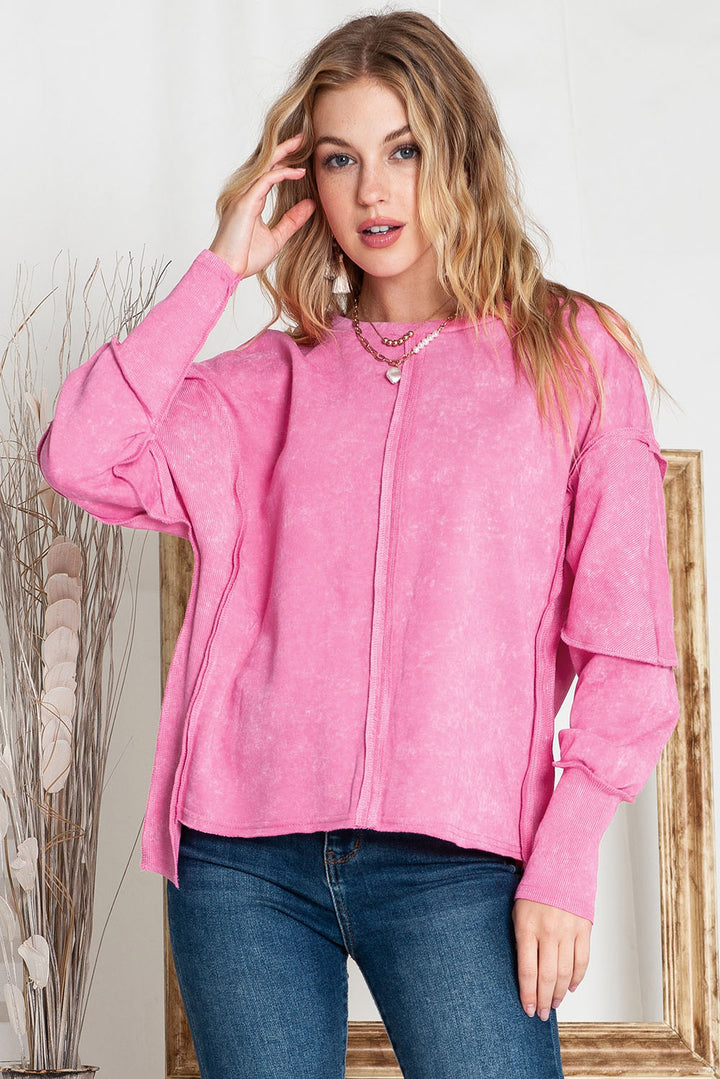 Exposed Seams Round Neck Dropped Shoulder Sweatshirt - Cheeky Chic Boutique