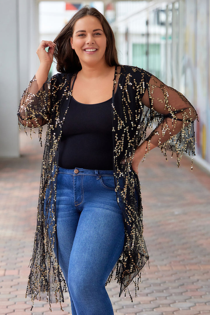 Plus Size Contrast Sequin Sheer Mesh Cardigan - Cheeky Chic Boutique