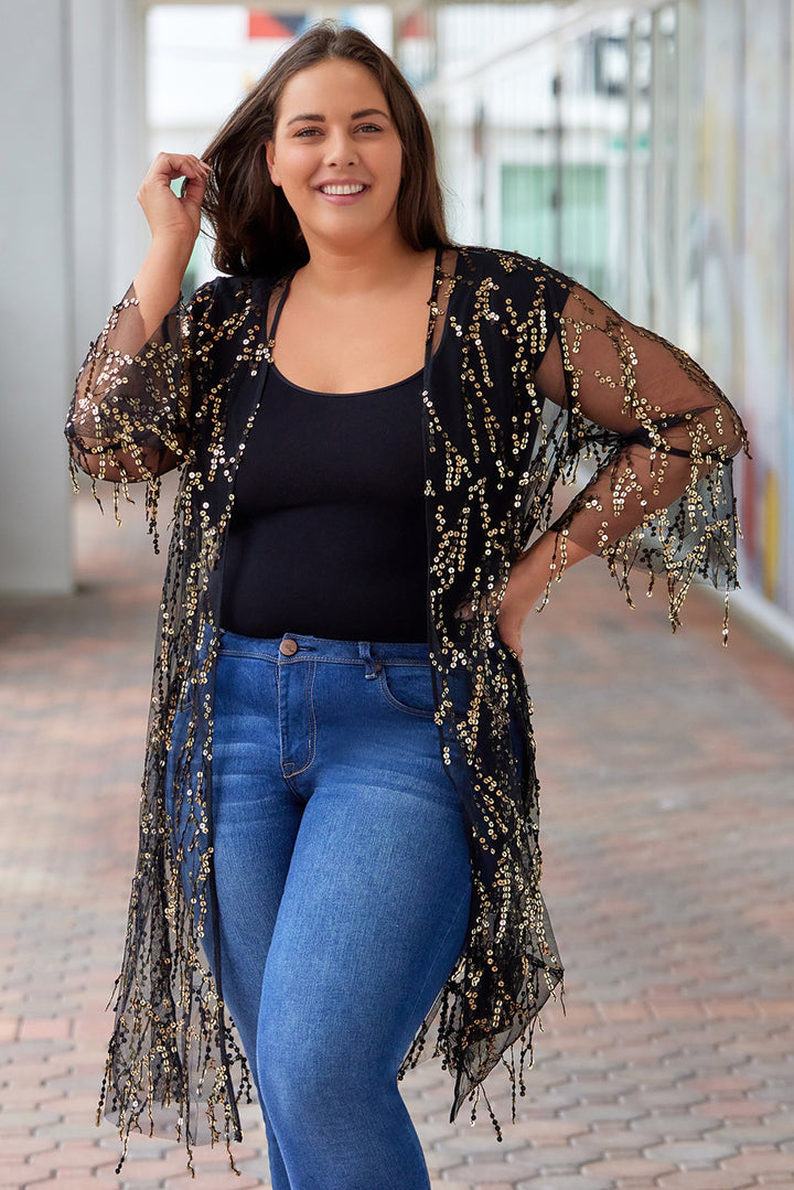 Plus Size Contrast Sequin Sheer Mesh Cardigan - Cheeky Chic Boutique