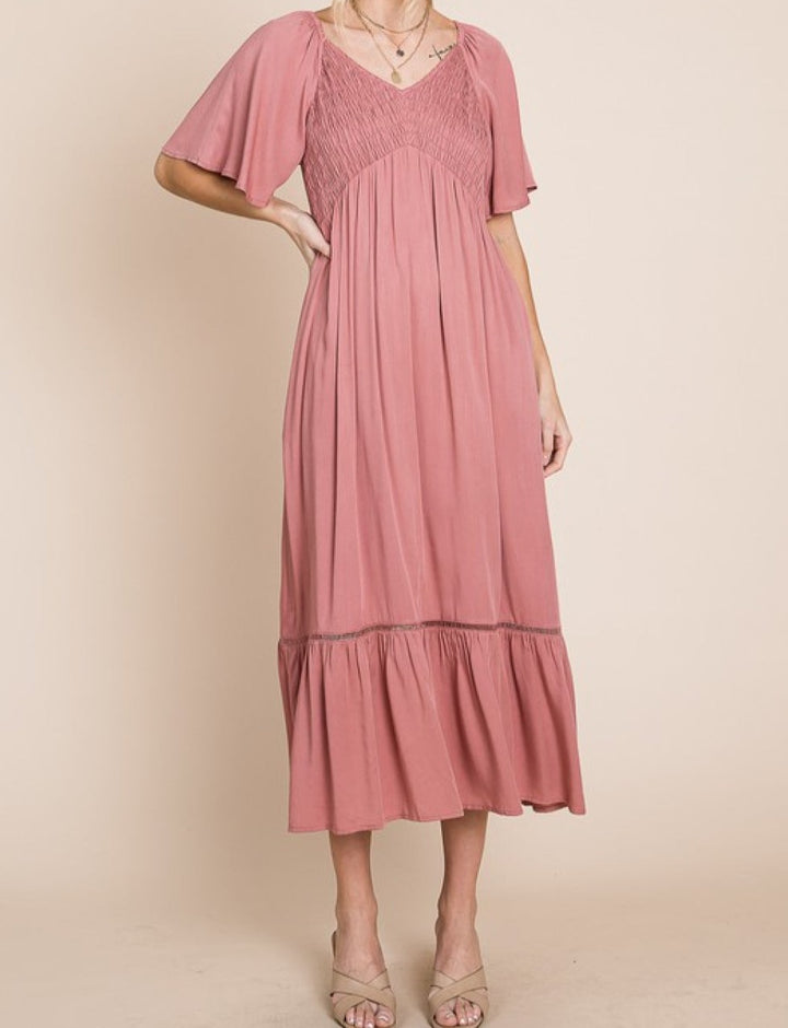 HEYSON Full Size Smocked Pocket Midi Dress in Rouge Pink - Cheeky Chic Boutique