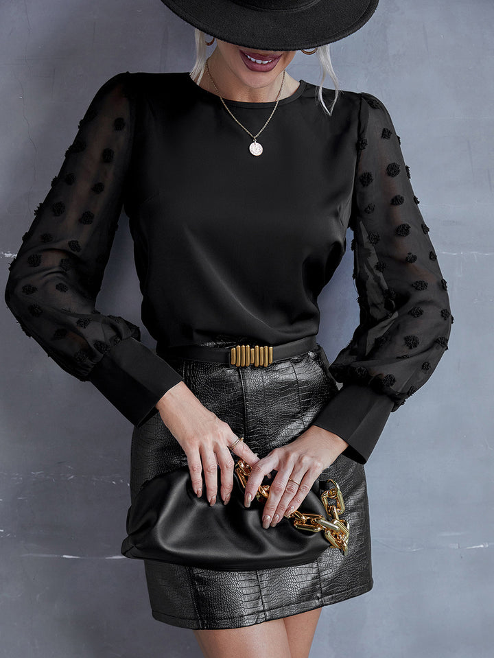 Swiss Dot Lantern Sleeve Round Neck Blouse - Cheeky Chic Boutique