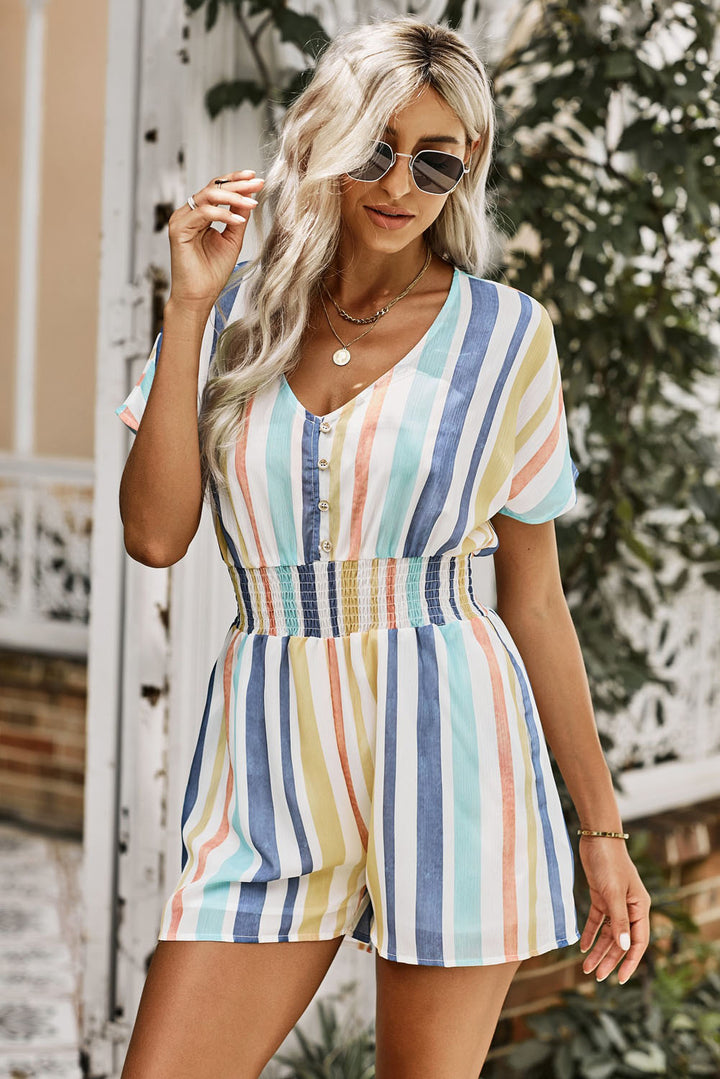 PRE-ORDER Multicolored Stripe V-Neck Smocked Waist Romper - Cheeky Chic Boutique