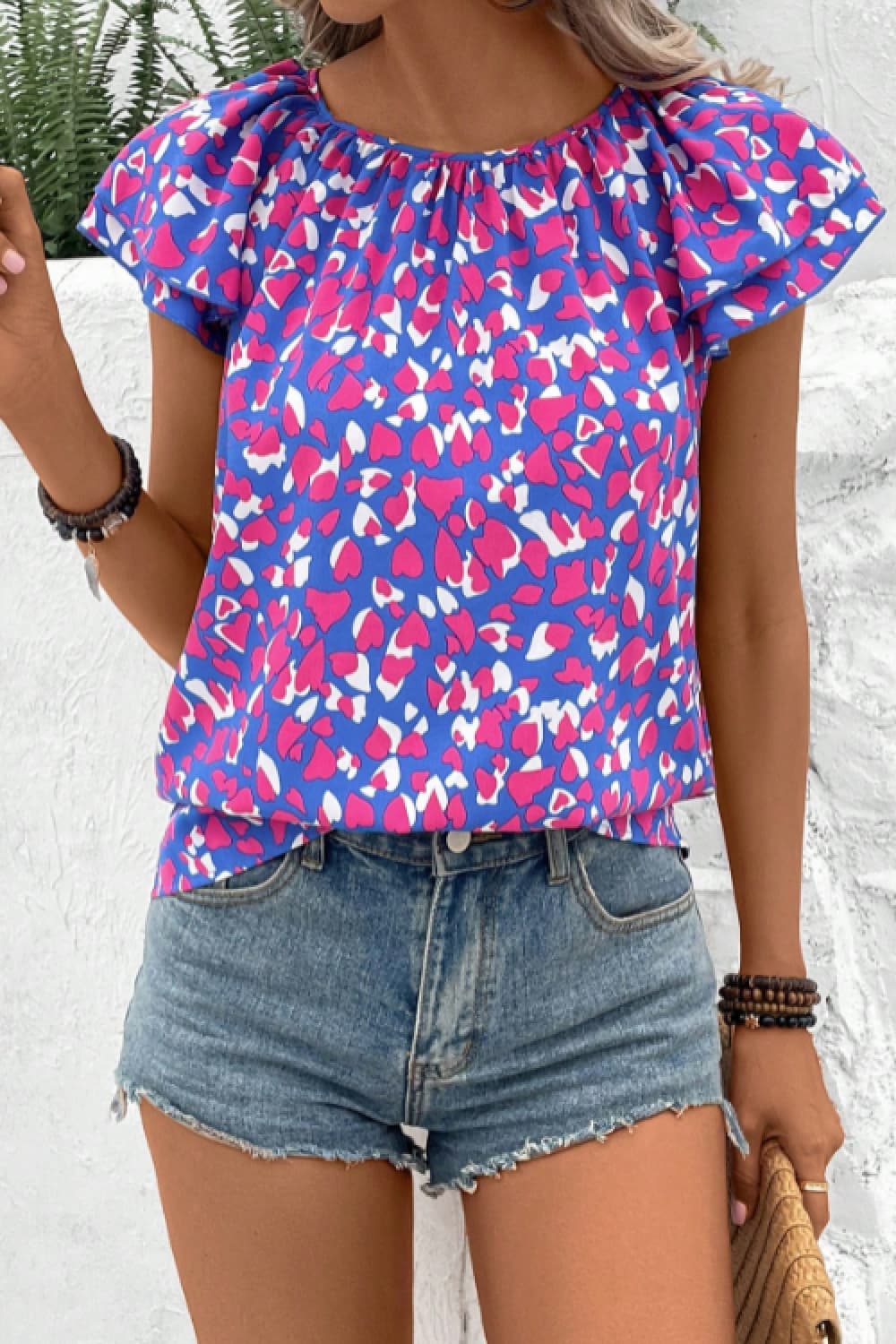 Printed Round Neck Flutter Sleeve Blouse - Cheeky Chic Boutique