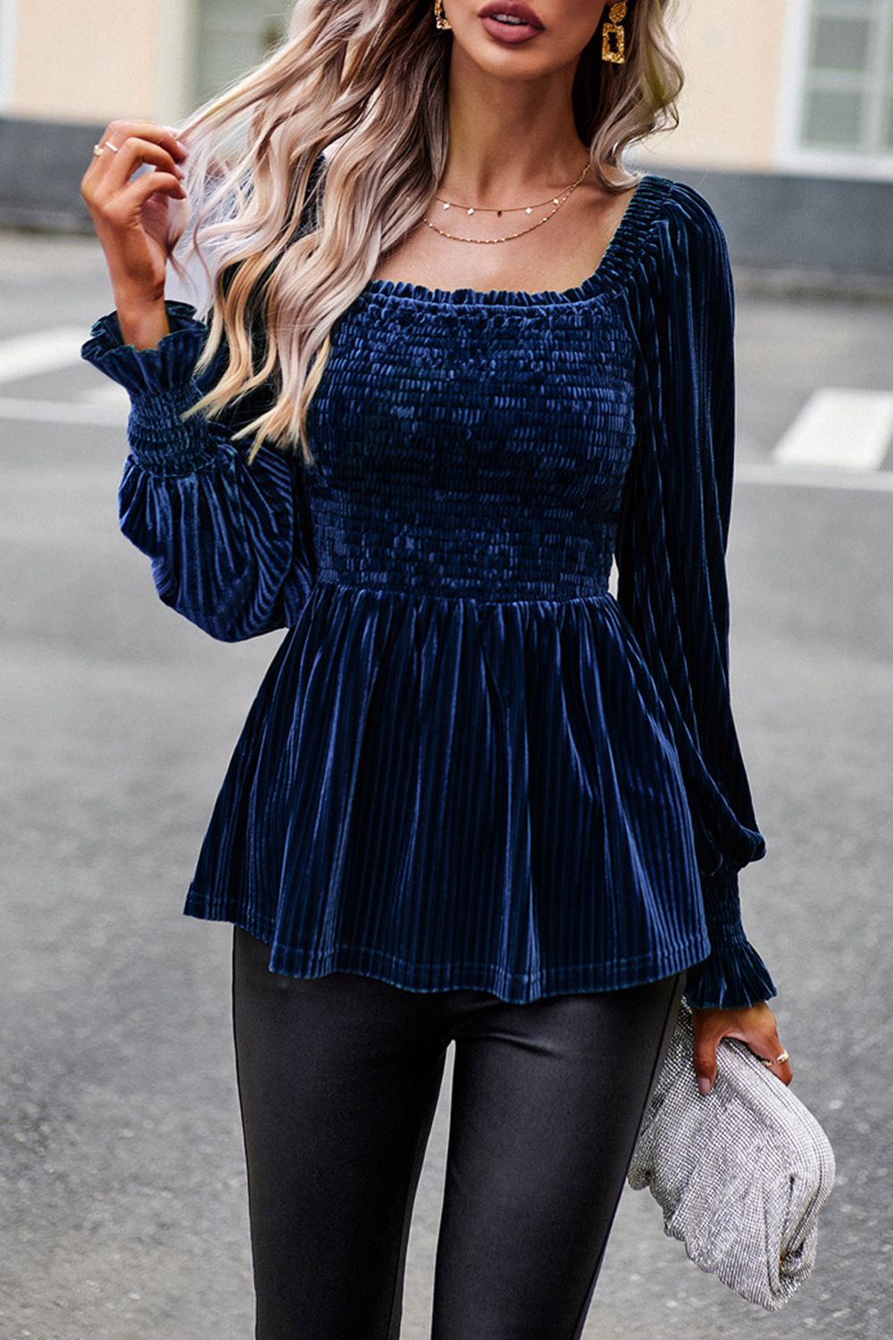 Smocked Square Neck Long Sleeve Blouse - Cheeky Chic Boutique