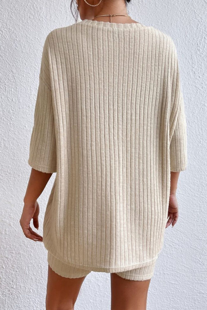 Round Neck Ribbed Top and Shorts Lounge Set - Cheeky Chic Boutique