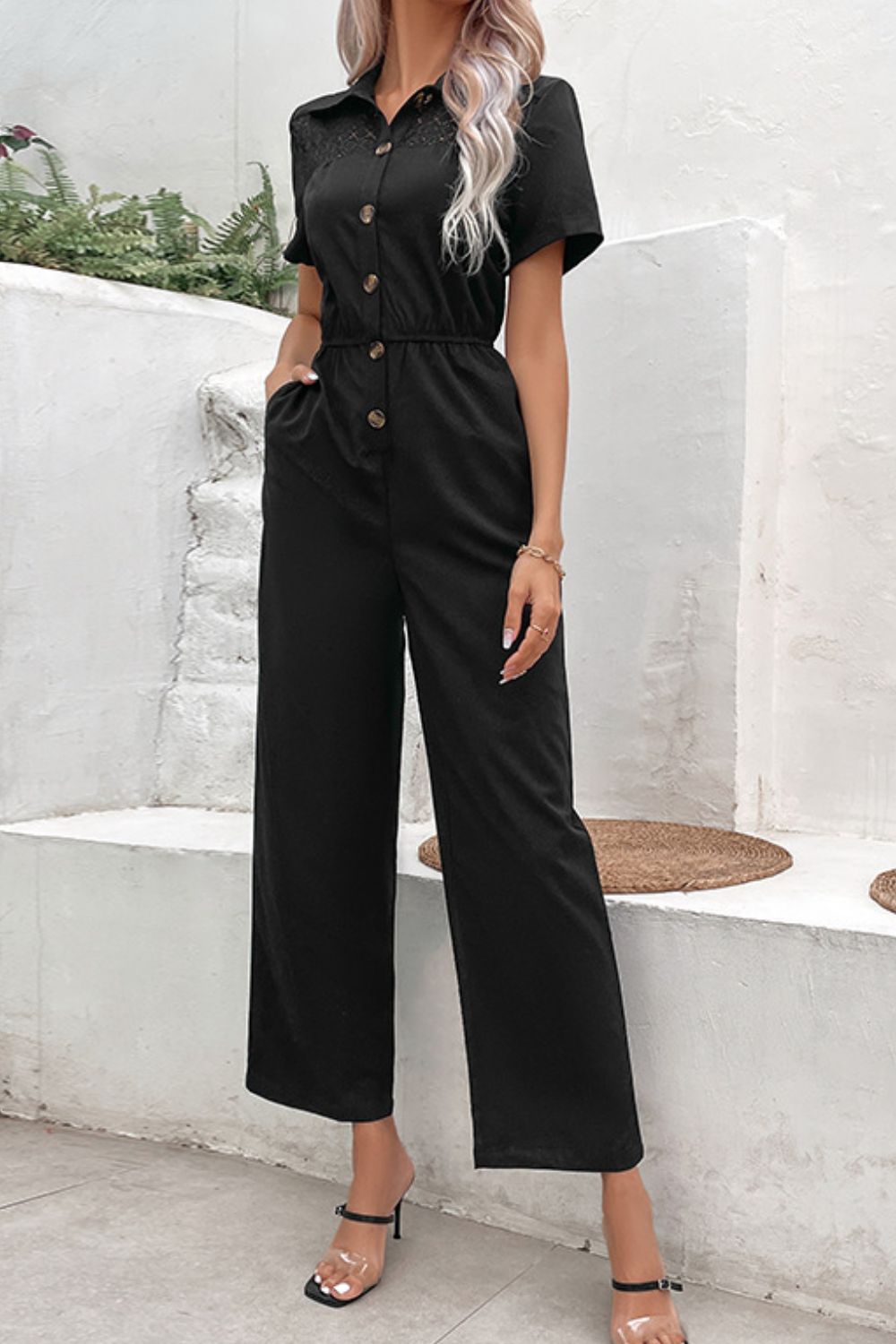 Collared Neck Short Sleeve Jumpsuit - Cheeky Chic Boutique