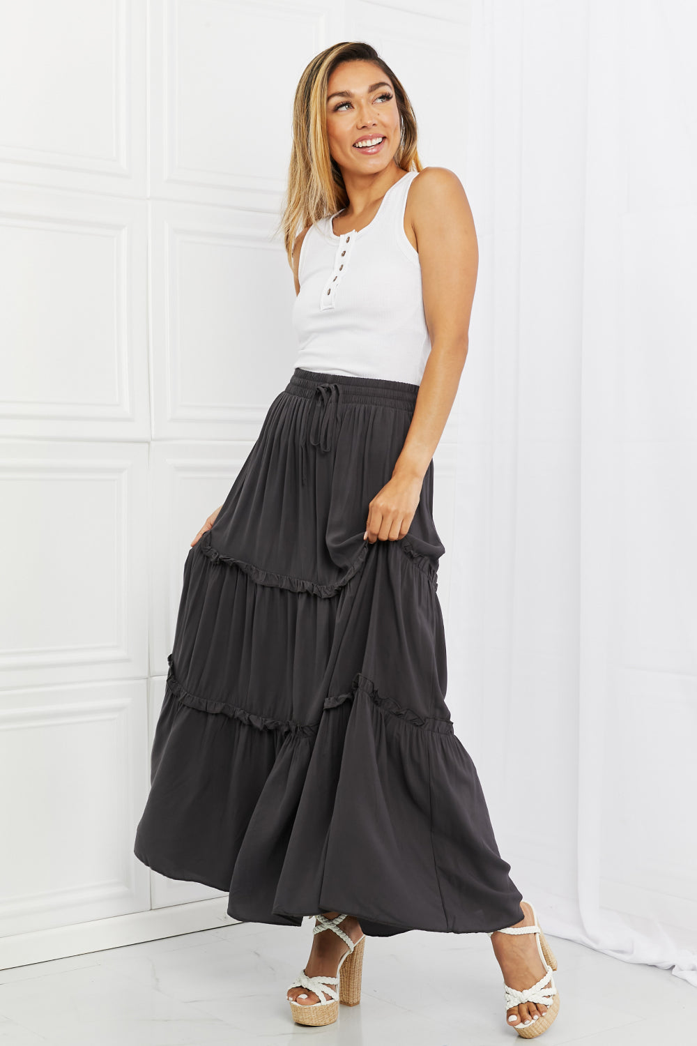 Zenana Summer Days Full Size Ruffled Maxi Skirt in Ash Grey - Cheeky Chic Boutique