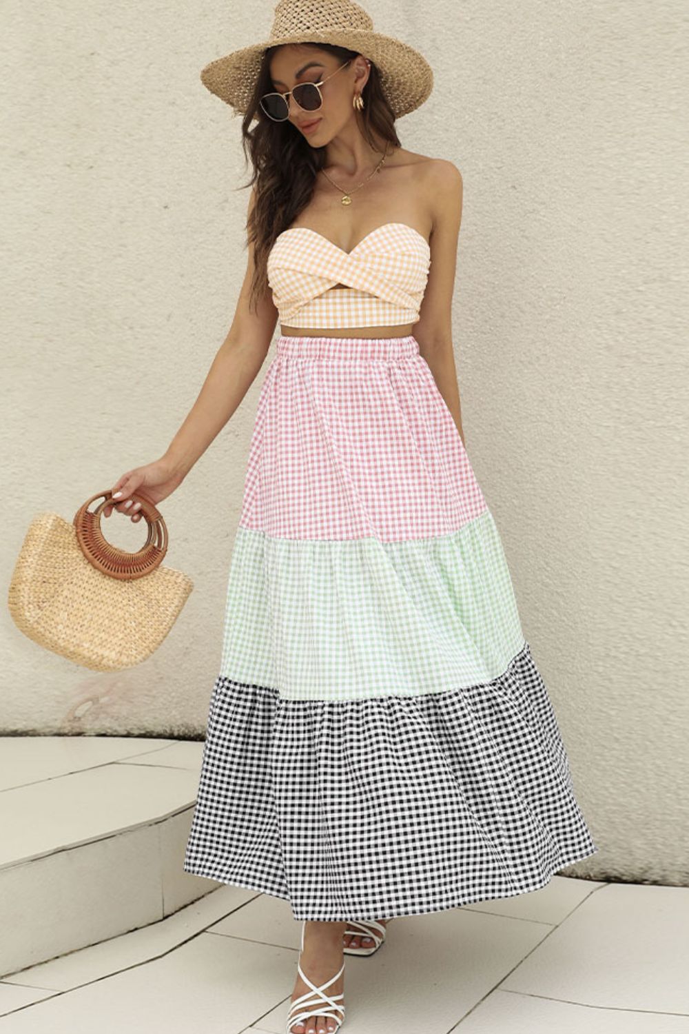 Picnics in Paradise Plaid Strapless Top and Tiered Skirt Set - Cheeky Chic Boutique
