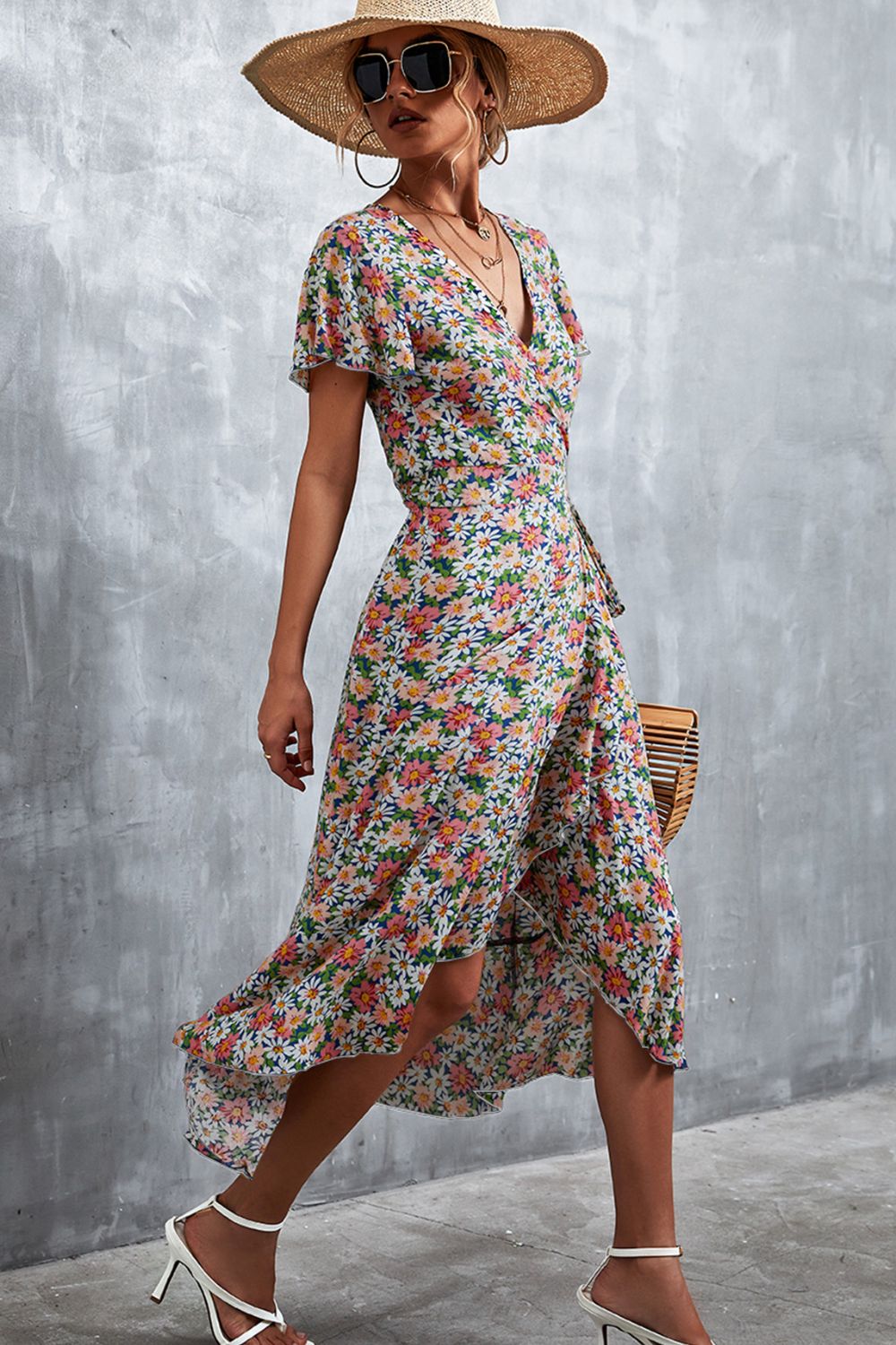 Floral Surplice Neck Tied Midi Dress - Cheeky Chic Boutique