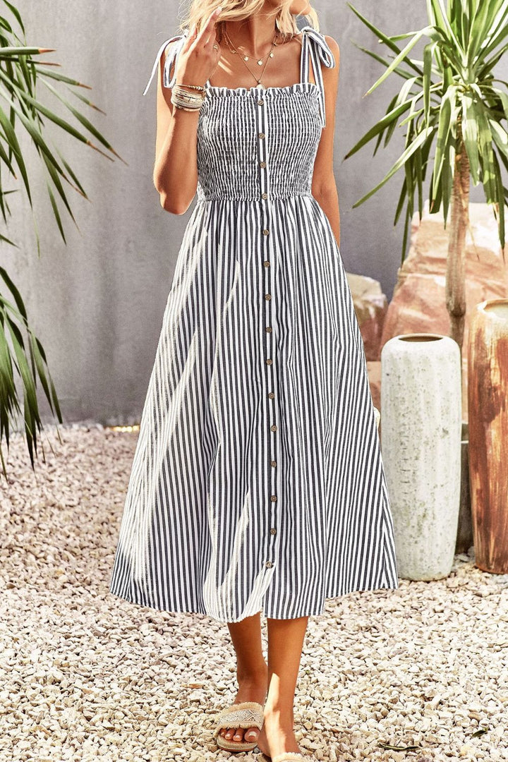 Smocked Tie Strap Sleeveless Striped Midi Dress - Cheeky Chic Boutique