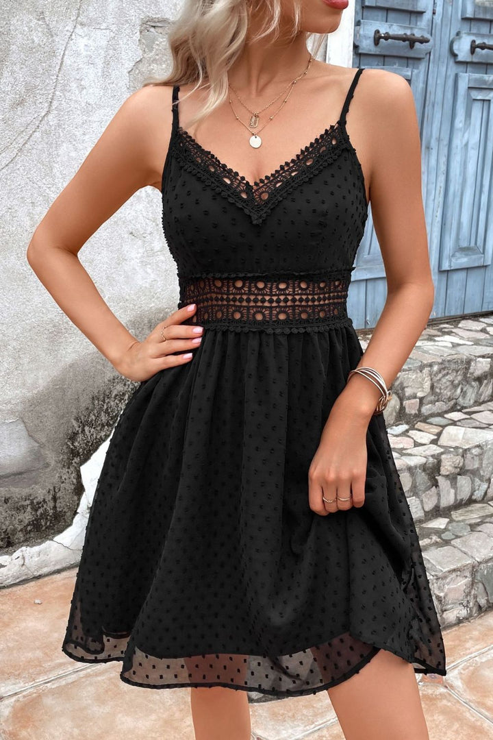 Swiss Dot Spaghetti Strap Spliced Lace Dress - Cheeky Chic Boutique