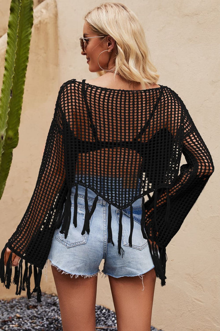 Ocean Drive Tassel Hem Openwork Long Sleeve Cover Up - Cheeky Chic Boutique