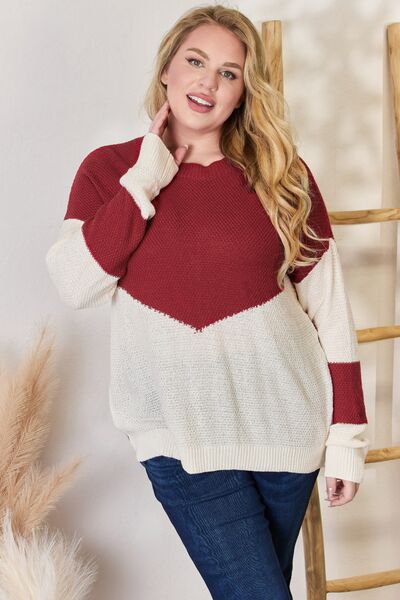 Hailey & Co Full Size Color Block Dropped Shoulder Knit Top - Cheeky Chic Boutique