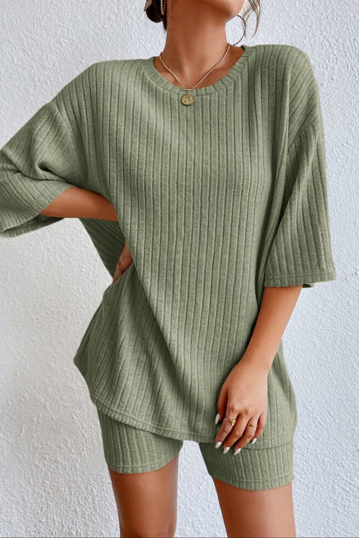 Round Neck Ribbed Top and Shorts Lounge Set - Cheeky Chic Boutique