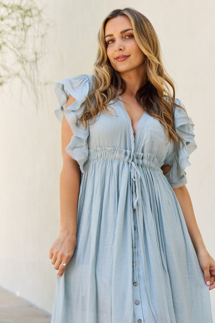 Sweet Lovely By Jen Full Size Drawstring Deep V Butterfly Sleeve Maxi Dress - Cheeky Chic Boutique