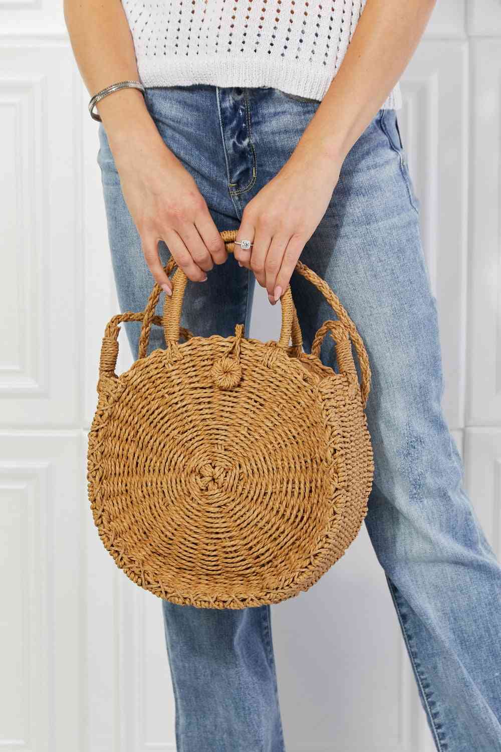 Justin Taylor Feeling Cute Rounded Rattan Handbag in Camel - Cheeky Chic Boutique