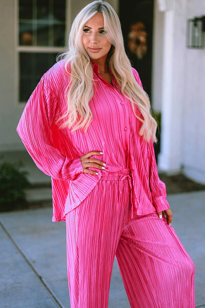 Pleated Button Up Shirt and Wide-Leg Pants Set - Cheeky Chic Boutique
