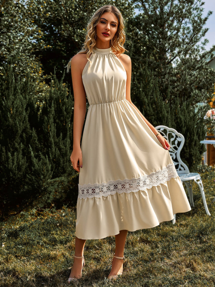 Grecian Neck Spliced Lace Midi Dress - Cheeky Chic Boutique