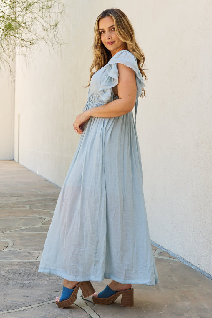 Sweet Lovely By Jen Full Size Drawstring Deep V Butterfly Sleeve Maxi Dress - Cheeky Chic Boutique