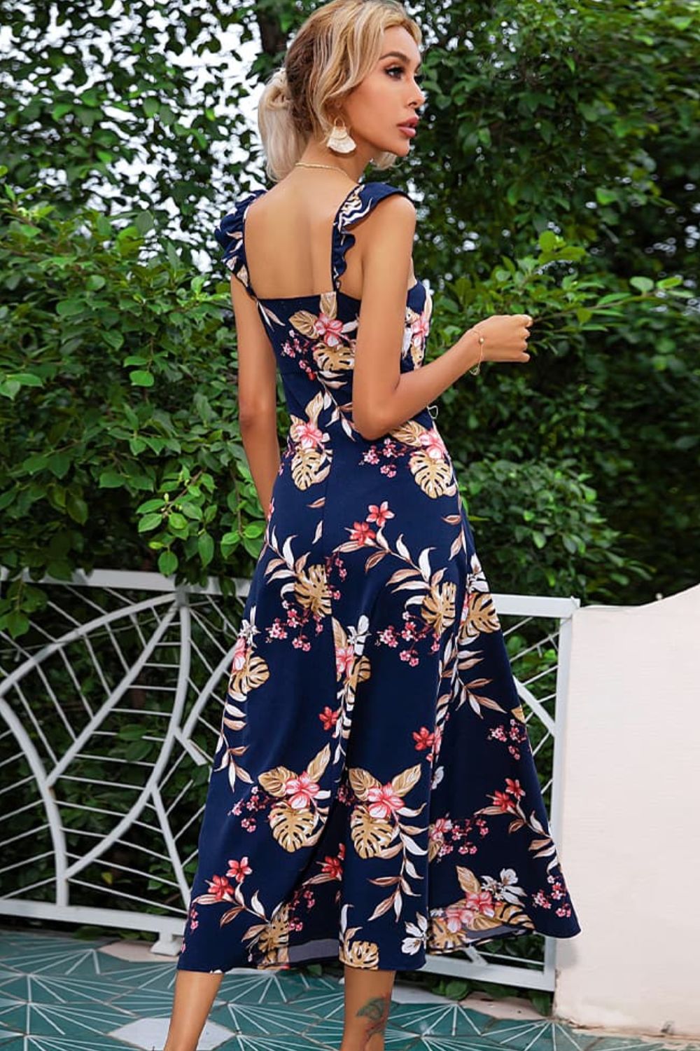 Floral Print Sleeveless Square Neck Slit Midi Dress - Cheeky Chic Boutique