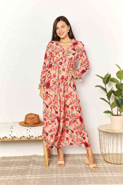Double Take Floral Frill Trim Flounce Sleeve Plunge Maxi Dress - Cheeky Chic Boutique