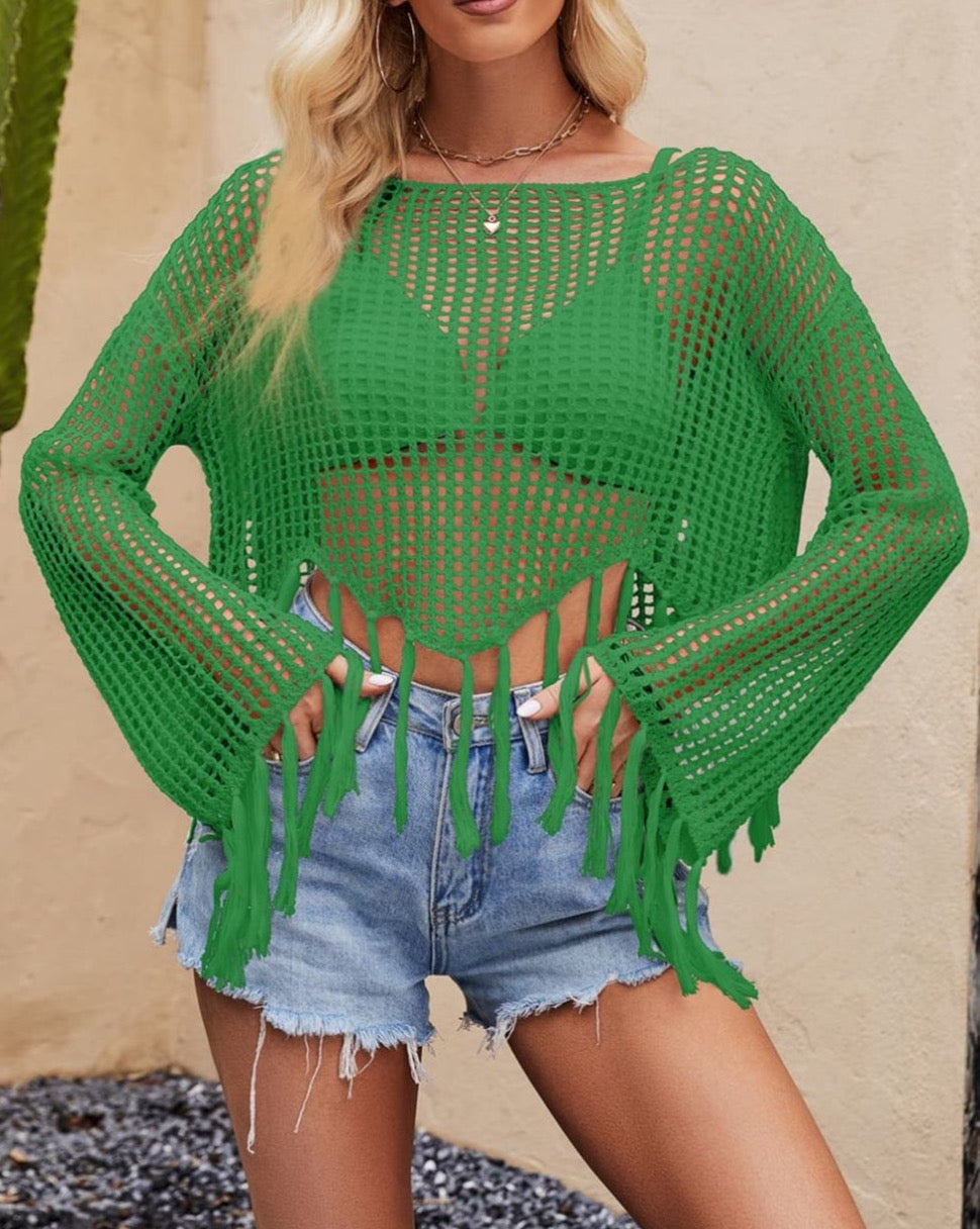 Ocean Drive Tassel Hem Openwork Long Sleeve Cover Up - Cheeky Chic Boutique